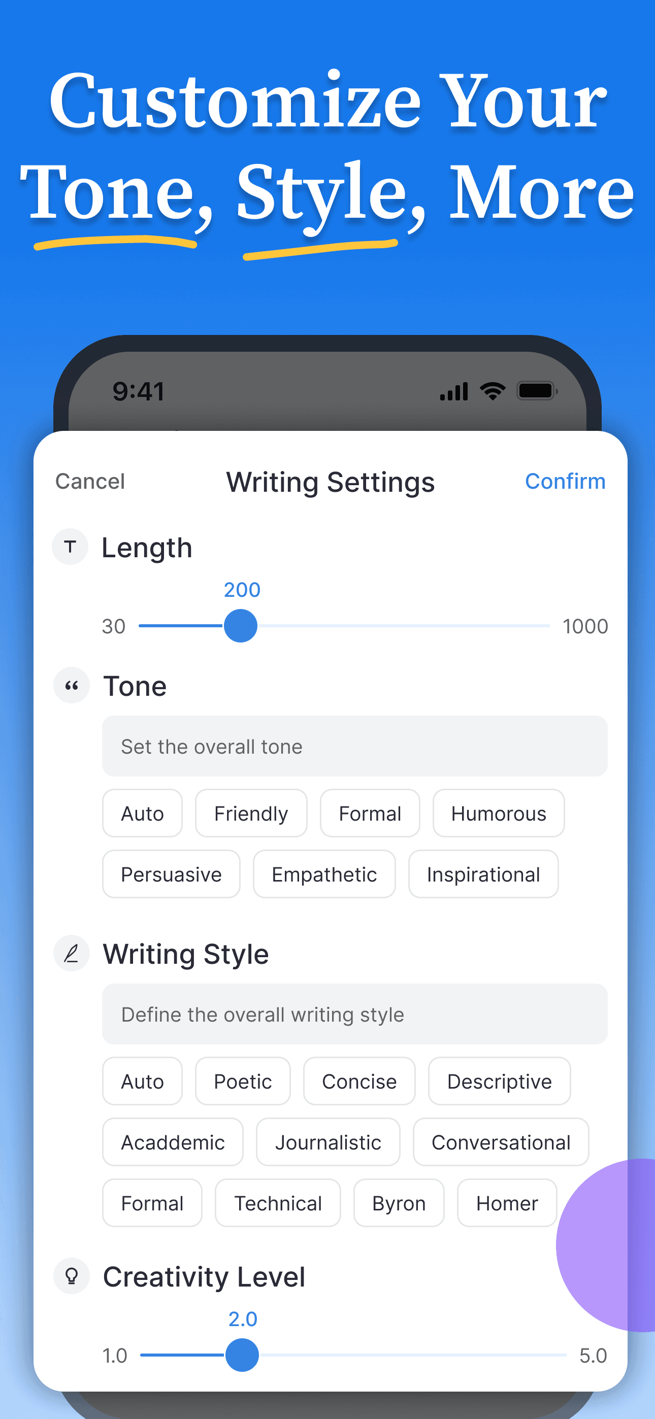 Daily AI Writer tone & style controls screenshot